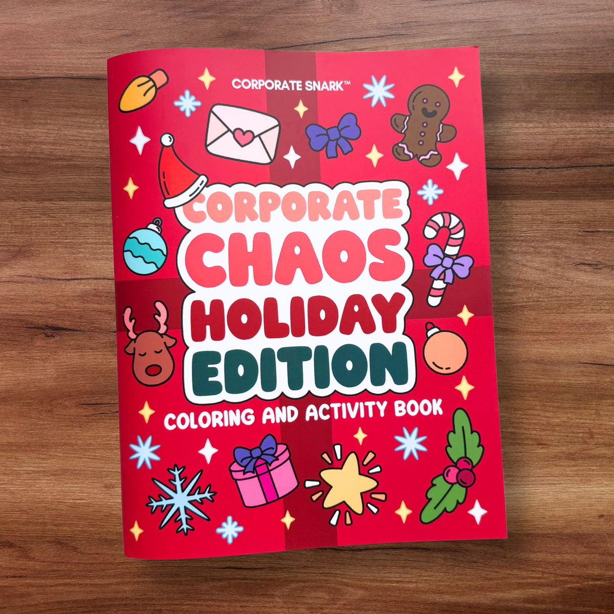 Corporate Chaos Holiday Edition red cover with Christmas doodles – Christmas swear word coloring book