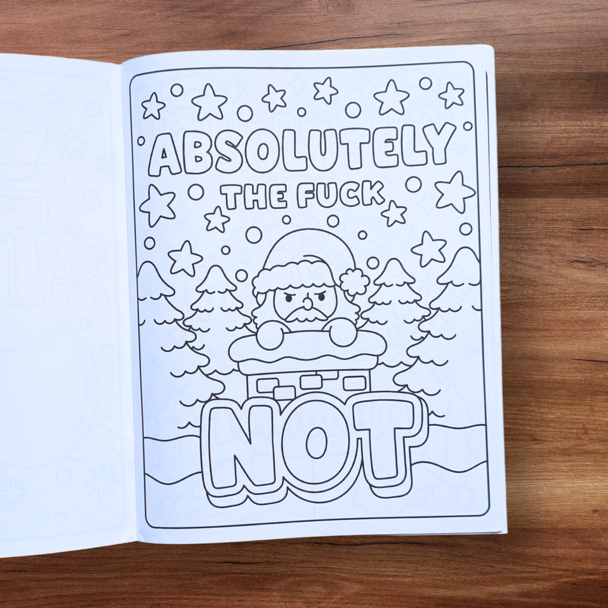 "Absolutely the F*ck Not" coloring page with a grumpy Santa in a chimney – Christmas swear word coloring book