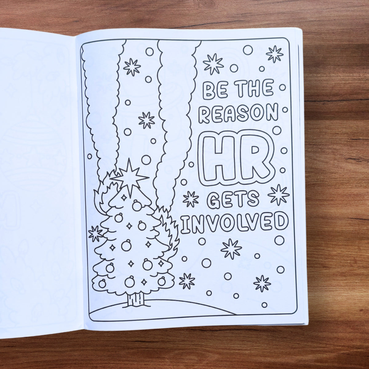 "Be the Reason HR Gets Involved" Christmas tree coloring page – Christmas swear word coloring book