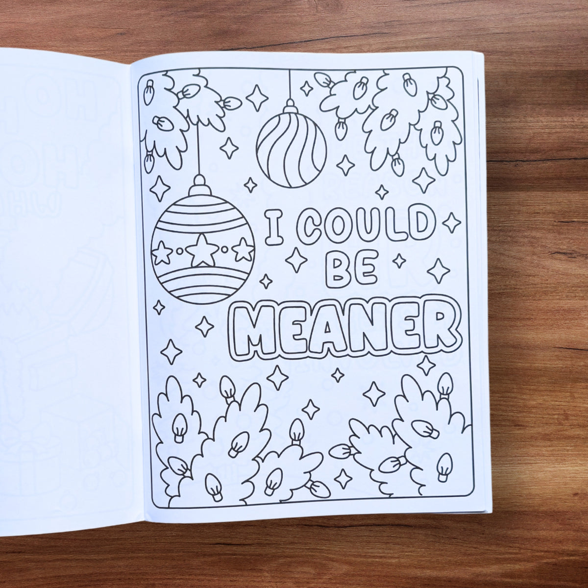"I Could Be Meaner" coloring page with Christmas ornaments and lights – Christmas swear word coloring book