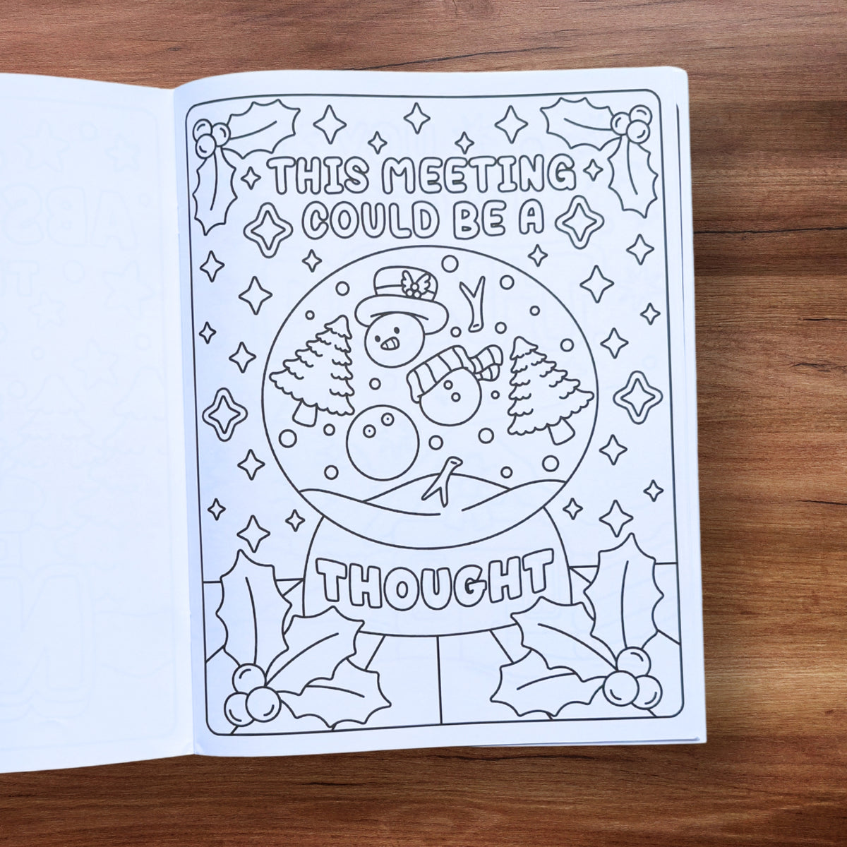 "This Meeting Could Be a Thought" snow globe coloring page with snowmen – Christmas swear word coloring book