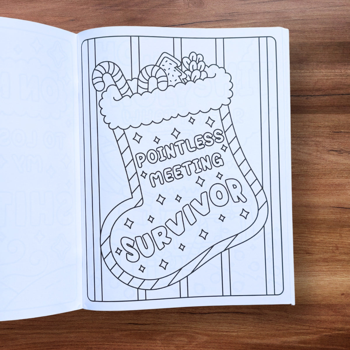 "Pointless Meeting Survivor" Christmas stocking coloring page – Christmas swear word coloring book