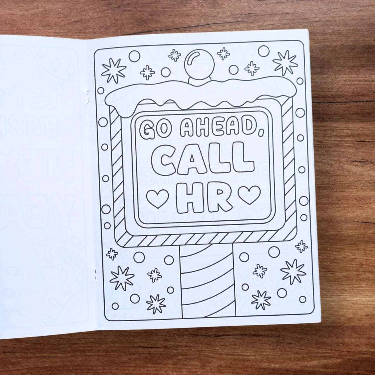 "Go Ahead, Call HR" sign coloring page with snowflakes – Christmas swear word coloring book