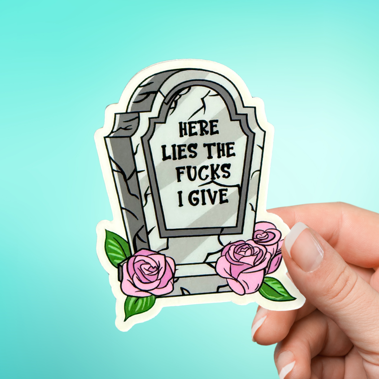 Sticker with a tombstone design and roses held by a hand on a gradient blue background