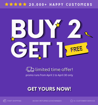 Promotional graphic with 'Buy 2 Get 1 Free' offer on a purple background