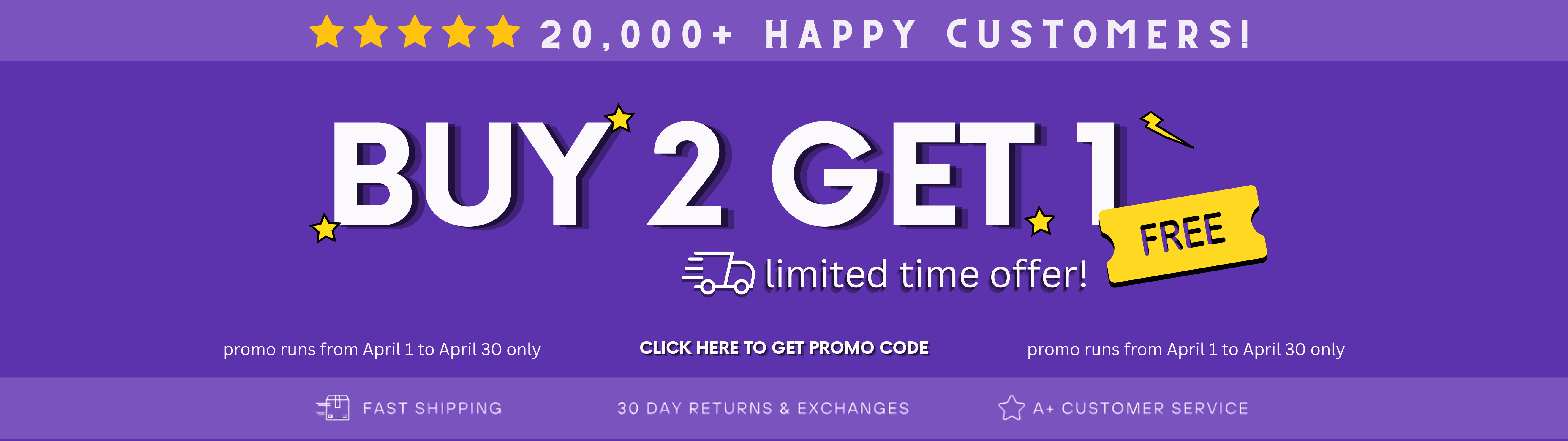 Promotional banner with 'Buy 2 Get 1 Free' offer on a purple background